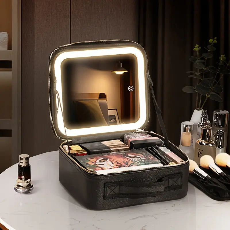 Bolsa de Maquillaje Portátil con Espejo y Luz LED